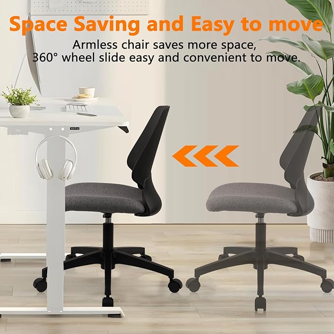 CLATINA Armless Home Office Chairs, Ergonomic Small Desk Chair with Wheels and Soft Thick Upholstered Cushion, Comfy Adjustable Height Swivel Computer Task Chair for Conference Waiting, Black, 6 Pack