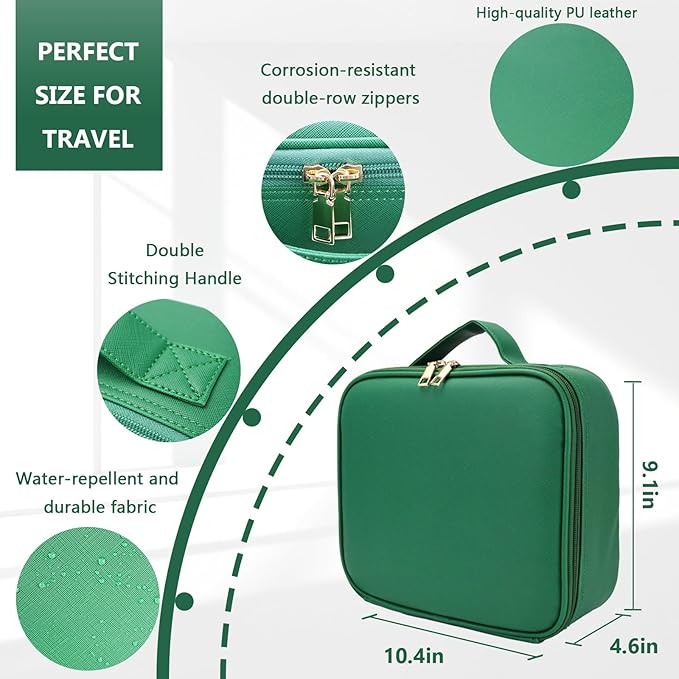 Makeup Bag with Led Mirror,Large Vanity Makeup Cases with 3 Color Setting,Portable Storage and Adjustable Dividers,for Women and Makeup Artists Cosmetic Organizer Travel Makeup Bag-Dark Green