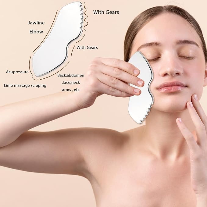 2Pcs Stainless Steel Gua Sha Facial Tools Metal Detail Gua Sha Stone Body Lymphatic Drainage Massager Face Guasha Face Sculpting Tool Skin Care with Gift Pouch Mother's Day Gifts