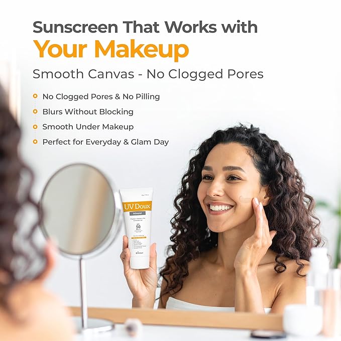 UV Doux Mineral Sunscreen SPF 50 PA+++ | Tinted, Oil-Free, Water Resistant | No White Cast | Zinc & Iron Oxide | For Sensitive & Acne-Prone Skin | Broad Spectrum, 100% Mineral | Men, Women 50g/1.7oz
