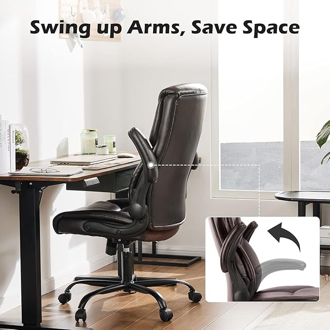 DUMOS PU Leather Office Chair - Ergonomic Executive Computer Desk Chairs with Adjustable Flip-up Armrest, Swivel Task Chair with Lumbar Support, Strong Metal Base,Dark Brown