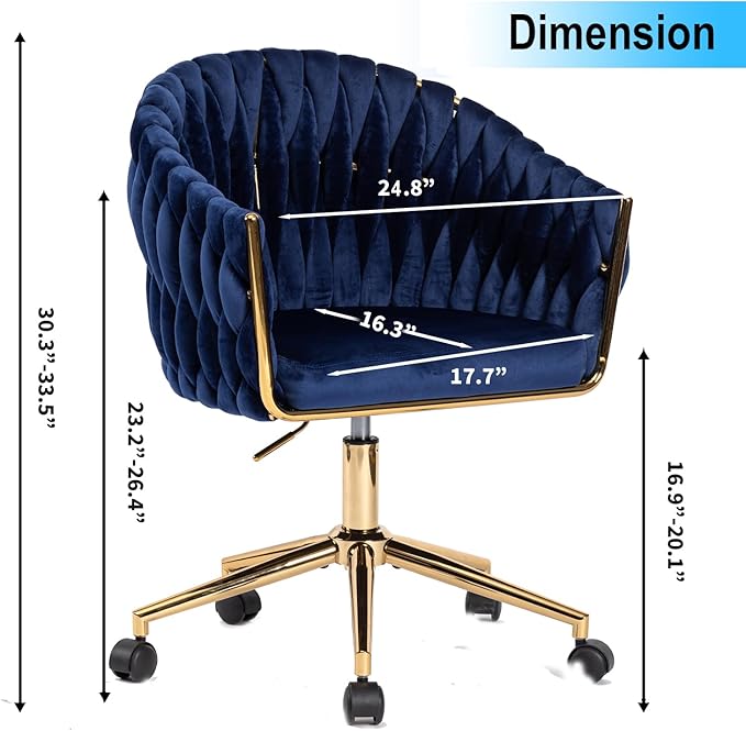 Velvet Office Chair with Back, Vanity Chairs with Wheels, 360° Swivel Velvet Home Office Desk Chair, Accent Chair Makeup Vanity Chair for Bedroom, Living Room(Blue)