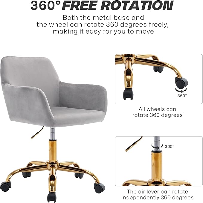 KCC Velvet Office Desk Chair, Comfy Swivel Modern Leisure Armchair with Wheels, Upholstered Comfy Velvet Fabric Makeup Chair Height Adjustable for Teens Women Girls Elegant Home Office, Gray
