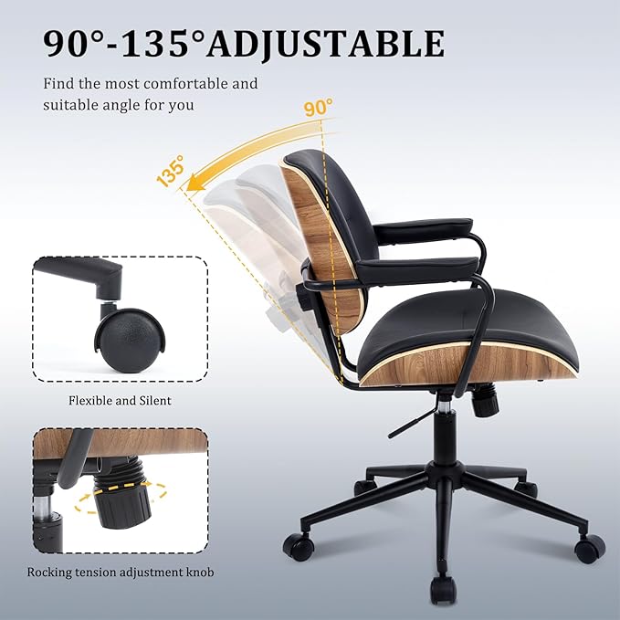 Mid Century Walnut Office Chair with Arms, Adjustable Swivel Desk Chair, Leather Computer Chair with Rolling Wheels for Home Office or Study Room, Black