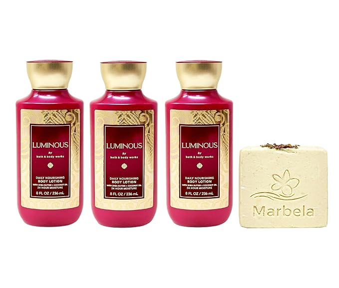 Bath & Body Works Luminous 3 Pack Daily Nourishing Body Lotion Gift Set with a Creamy Rose Bar Soap - Full Size