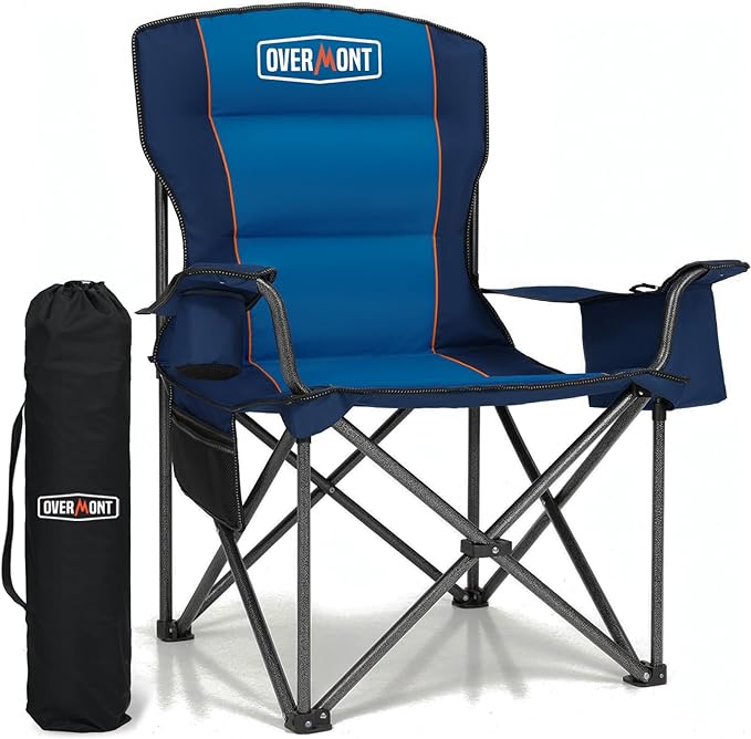 Overmont Oversized Folding Camping Chair - 450lbs Support with Padded Cushion Cooler Pockets - Heavy Duty Collapsible Chairs for Sports Garden Beach Fishing