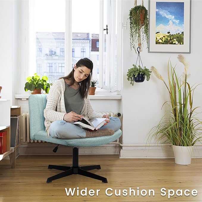 PUKAMI Criss Cross Chair,Comfy Cross Legged Office Desk Chair No Wheels,Modern Fabric Swivel Adjustable Height Mid Back Wide Seat for Home Office Computer (Mint Green)