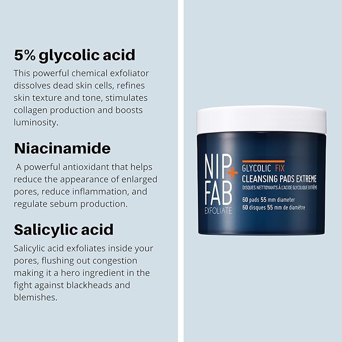 Nip + Fab Glycolic Fix Night Pads Extreme (60 Count) – 5% Glycolic Acid Exfoliating Face Pads with Salicylic Acid – Resurfacing AHA BHA Chemical Peel for Blemishes & Texture