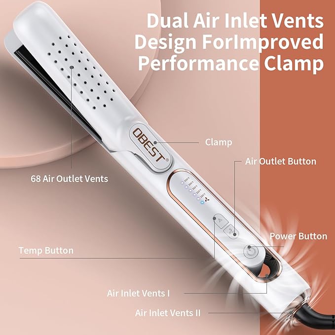 OBEST 360° Airflow Styler,Hair Straighteners Curler 2 in 1, Ceramic Hair Straightener with Cooling Air Vents,Lock in Style, Quick Heating,5 Temps &Dual Voltage, Travel&Gift (White)