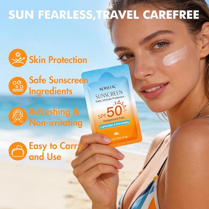100 Pack Mini Sunscreen for Face and Body, SPF 50 Travel Size Sunscreen, Lightweight and Non-Greasy, Bulk Sunscreen for Summer Travel, Outdoor Sports and Activities, 0.19 OZ/Pack