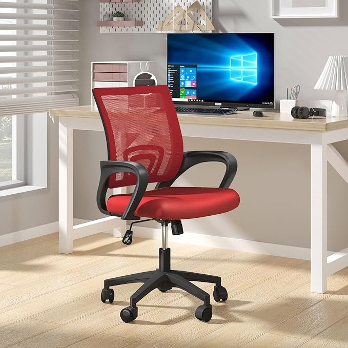 Home Office Chairs, Ergonomic Mid-Back Mesh Desk Chairs with Lumbar Support, Adjustable Swivel Rolling Design, Comfy Armrest for Work, Study, Gaming, Vanity, Red, 2 Pack