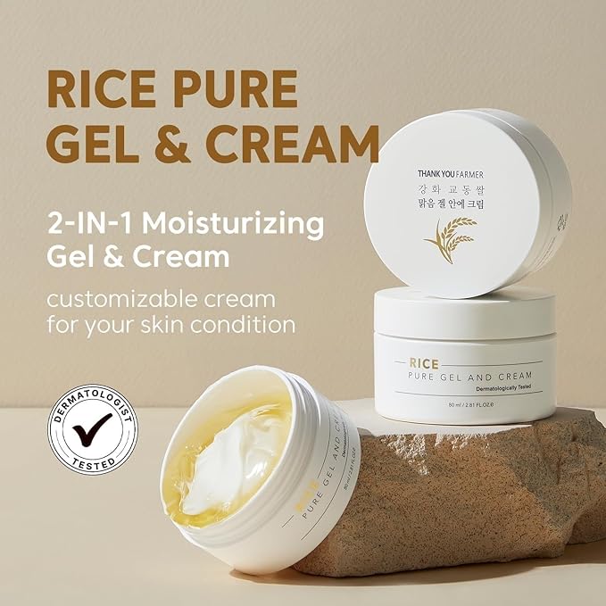 THANKYOU FARMER Rice Pure Gel and Cream, Nourishing Exclusive Korean Rice Extract, Dermatologist Tested, Ceramide, Korean Moisturizer for Dry Skin, Fragrance-Free, 2.81 fl.oz
