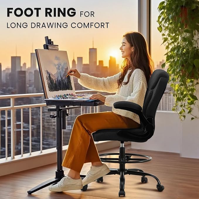 Drafting Chair for Standing Desk – Tall Office Chair with Adjustable Height & Foot Ring, Flip-Up Arms, Lumbar Support – Comfortable Fabric Seat, Ideal Home Desk Chair