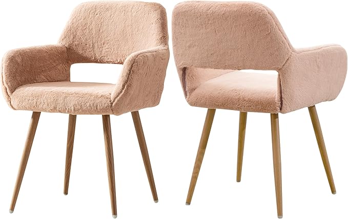 Furry Desk Chair Set of 2, Modern Home Office Chair Without Wheels, Faux Fur Vanity Chair with Hollow Backrest, Comfy Armchair Wood Frame with Strudy Metal Legs, Camel
