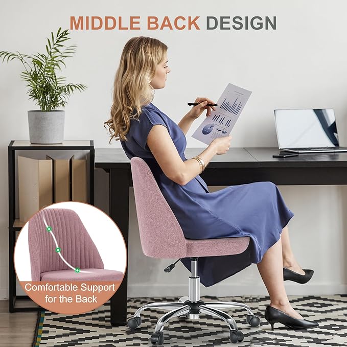DUMOS Office Desk Chair, Modern Cute Rolling Vanity Swivel Task Seating with Wheels, Comfortable Back Seat Armless for Home, Bedrooms, Study, Student, Adults, Make-Up, Dressing Room Dusty Rose