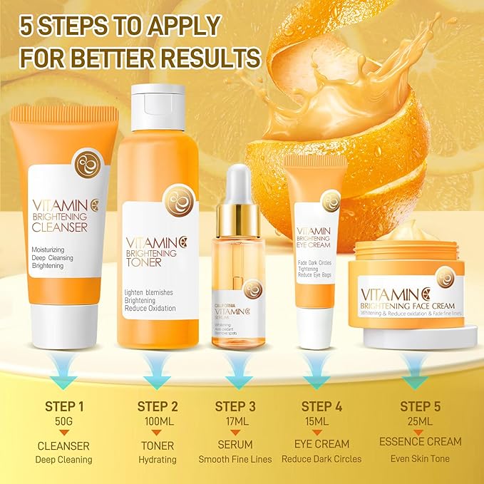 5Pcs Vitamin C Skincare Set, Skin Care for Kids, Skincare Gift Sets with Cleanser, Toner, Serum, Eye Cream, Facial Cream, Skin Care Set for Girls Ages 8-12, Travel Facial Kit for Girls