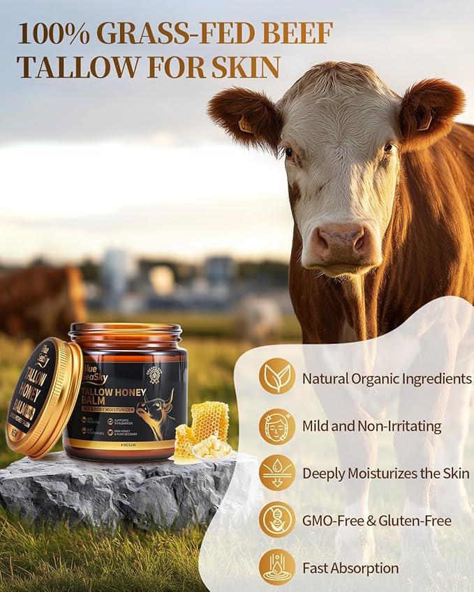 Organic Beef Tallow for Skin Grass-Fed Tallow Balm with Raw Wild & Honey Tallow Moisturizer for Eczema & Rosacea，Non-Comedogenic,Beef Tallow for Face Dry Sensitive Skin,4oz-Unscented