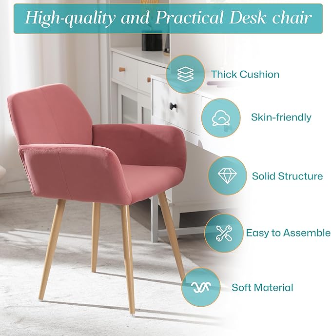 Home Office Velvet Desk Chair, Makeup Vanity Chair, Comfy Accent Armchair with Wood Grain Metal Legs, Cute Dining with Hollowed Back, Rose