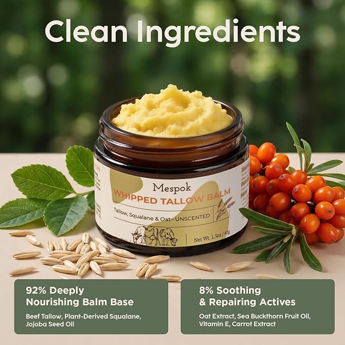 Beef Tallow for Skin - Grass-Fed Tallow Balm with Organic Squalane & Oat Extract | Whipped Face & Body Moisturizer for Extremely Dry Skin, Non-Greasy, Additive-Free, Unscented (1.5oz)