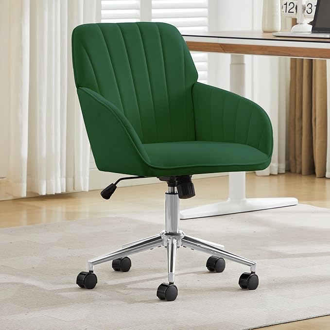 YITAI Velvet Office Desk Chair with Silver Foot Base, with Wheels,Modern Height Adjustable 360 Degree Swivel Upholstered Vanity Chairs with Arms for Living Room Bedroom,Green