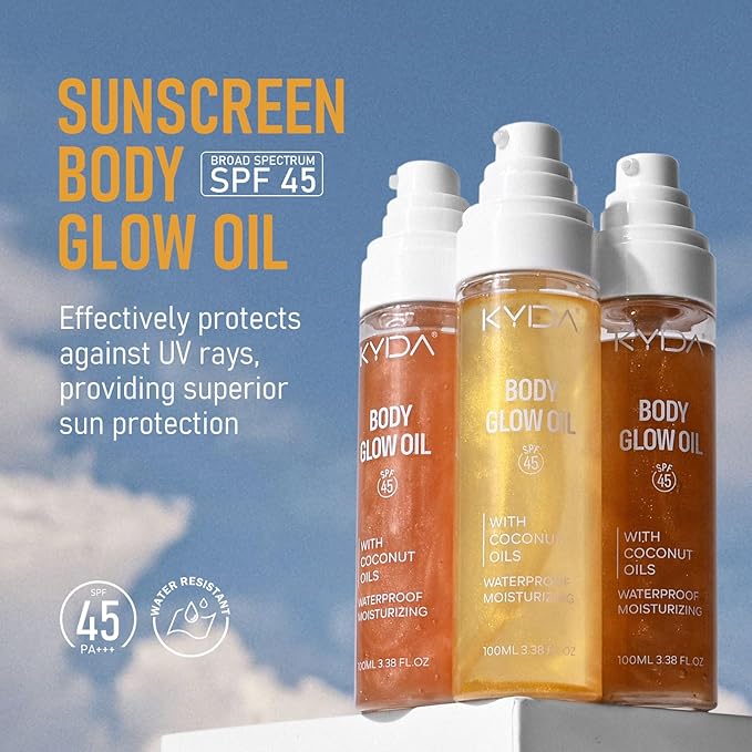Sunscreen Body Glow Oil, Broad Spectrum SPF 45, Lightweight Waterproof Moisturizing Coconut Shimmer Oil with Gold Mica, Travel Size Summer Sunscreen Skin Illuminator-ROSE, 3.38 fl oz