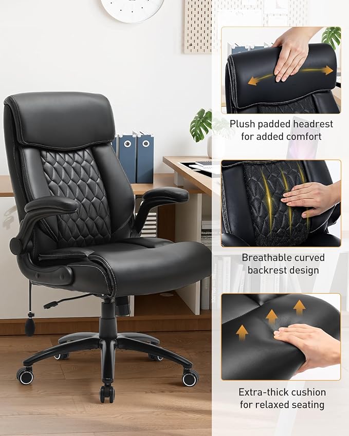 500LBS Big and Tall Office Chair, Heavy Duty Office Desk Chair with Padded Flip-Up Arms, Adjustable Lumbar Support & Tilt Lock, High Back Ergonomic Executive Computer Chair for Work & Study, Black