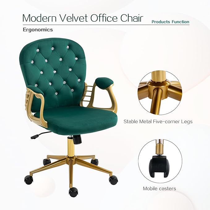 Velvet Office Chair Desk Chair with Gold Base, Comfortable Makeup Vanity Chair with Back and Wheels, Swivel Rolling Chair for Girls Women Study Bedroom, Green