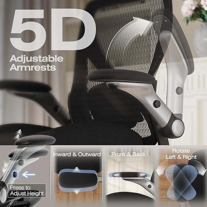 ELABEST X100 Ergonomic Mesh Office Chair, Big and Tall Hone Desk Chair with 5D Flip-Up Arms, Adjustable 3D Lumbar Support,Gaming & Executive Computer Chairs for Long Hours, Padded Seat