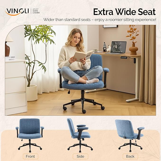 VINGLI Criss Cross Chair with Adjustable Flip-Up Arms,Cross Legged Chair with Wheels,Extra Wide Office Chair,Desk Chair for Home Office,Vanity,Bedroom, Apartment,Starry Chenille,Navy Blue