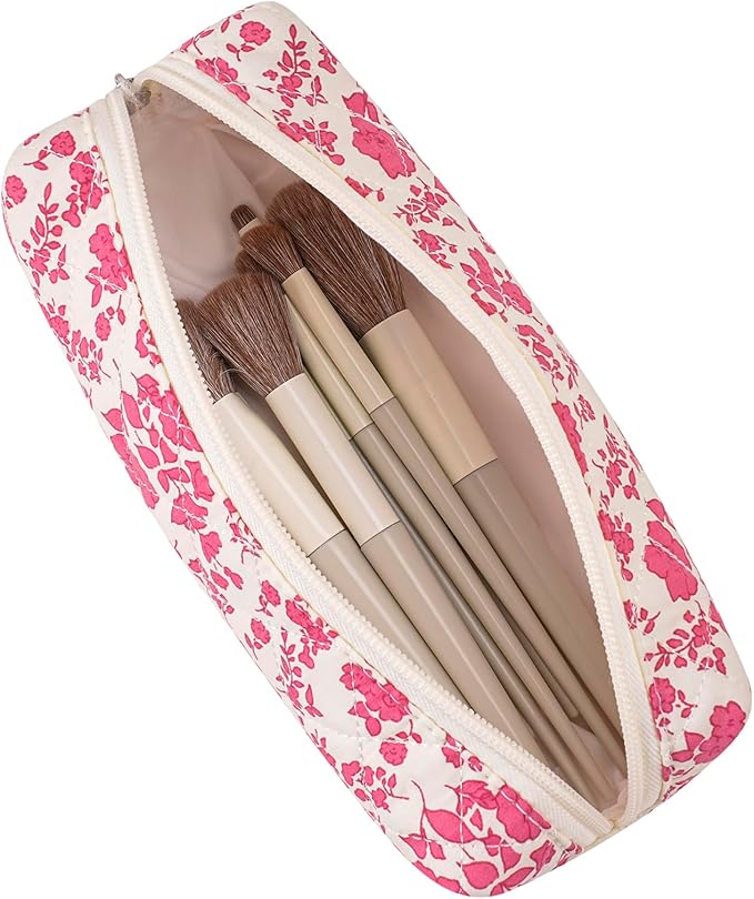 Cute Floral Cotton Makeup Brush Cosmetic Bag for Women, Travel Quilted Zipper Make Up Bag, Flowers Toiletry Organizer Case Kawaii Makeup Cosmetic Travel Cloth Pouch (Pink+Big Red Floral)