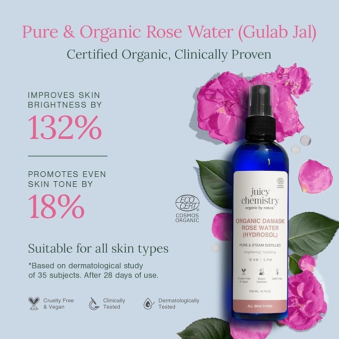 Juicy Chemistry Organic Rose Water (Hydrosol), 200 ml | Face Toner for Glowing, Brighter and Hydrated Skin | Made with Bulgarian Damask Roses - Clinically Tested