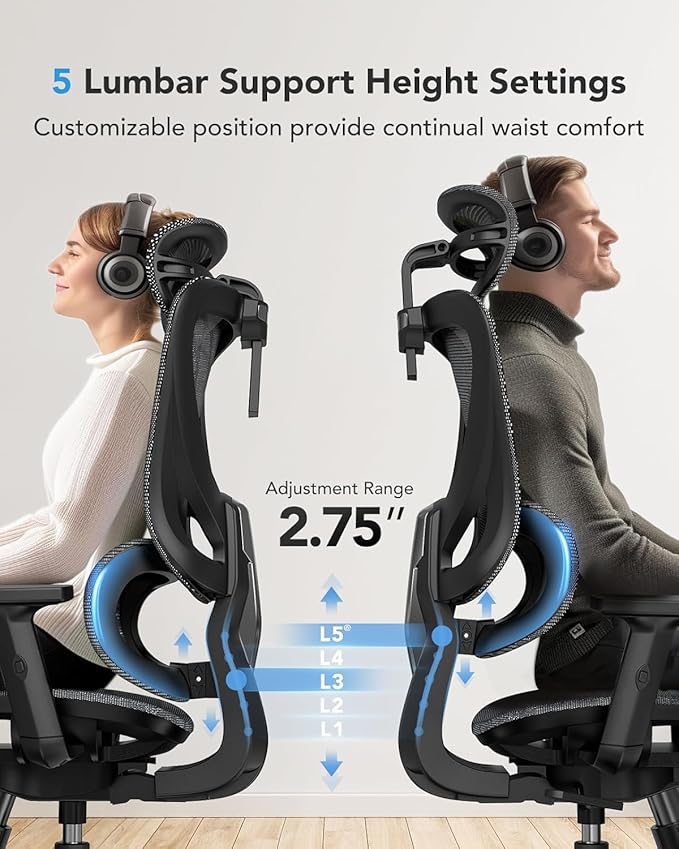 HUANUO Ergonomic Mesh Office Chair with 5-Level Lumbar Support, Computer Gaming Chair with Adjustable Headrest & Armrests, Rocking Tilt, Comfortable High Back Desk Chair for Home Office,6 Pack