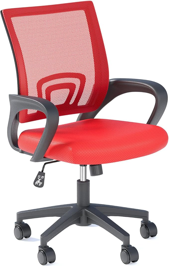 Home Office Chair, Ergonomic Mid-Back Mesh Desk Chair with Lumbar Support, Adjustable Swivel Rolling Design, Comfy Armrest for Work, Study, Gaming, Vanity, Red
