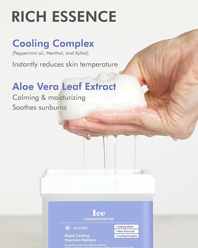 DERMAL Ice Cooling Soothing Toner Pad 120 Count Bulk, Korean Aloe Vera Hydrating Jelly Pad with Menthol Peppermint Xylitol, Centella CICA Calming After Sun Skin Prep with Tongs, Vegan