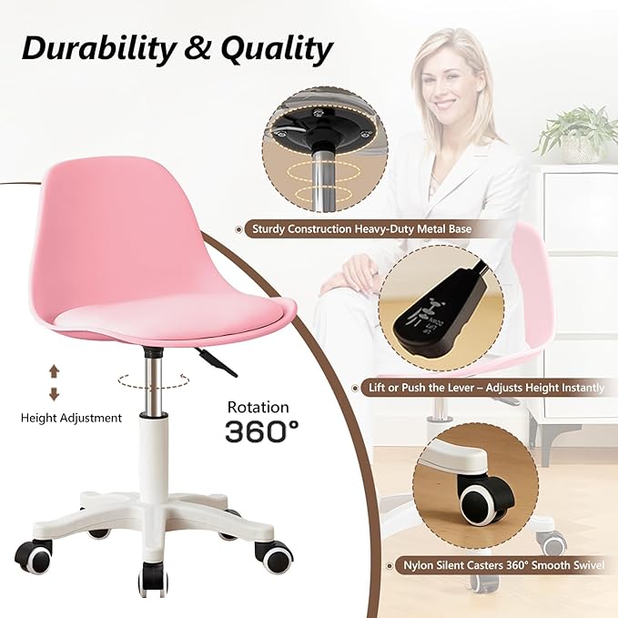 Small Desk Chair Cute Armless Task Vanity Chair with Soft Padded Cushion, Plastic Height Adjustable Home Office Chairs for Teens Girls