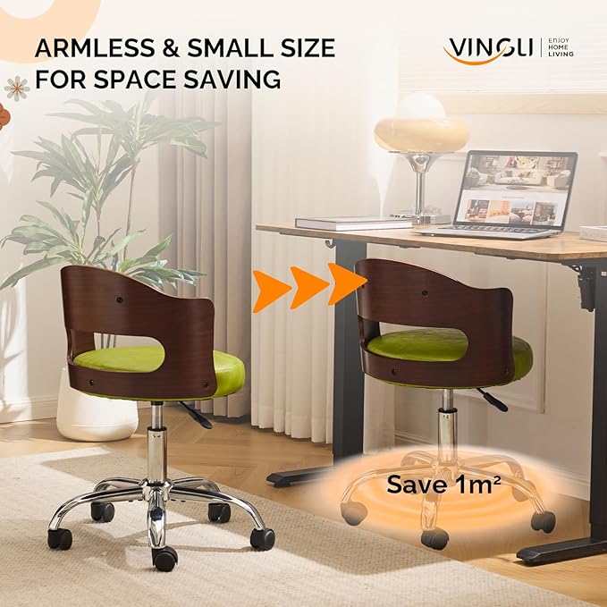 VINGLI Armless Home Office Desk Chair, Adjustable Swivel Chair,Dual-Use with/no Wheels,Small Retro Designed Walnut Curved Task Chair,Cushioned Nail Tech Chair for Study Area,Workspace,PU,Grass Green