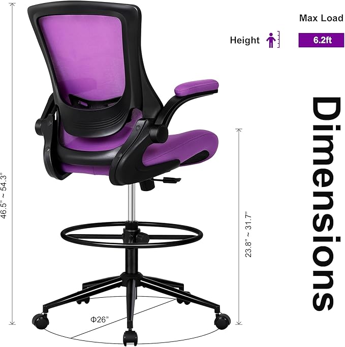 Misolant Tall Office Chair, Drafting Chair for Standing Desk, High Office Chair with Adjustable Lumbar Support, Flip-up Arm and Footrest Ring, Tall Drafting Chair for Bar Height Desk
