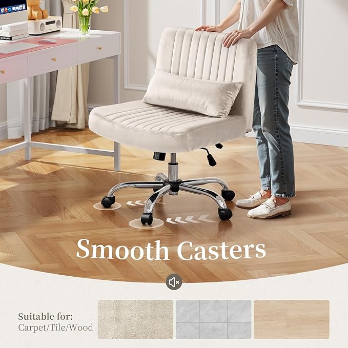 Velvet Office Chair, Luxury Criss Cross Chair with Wheels, Comfy Cross Legged Desk Chair for Home Office, Height Adjustable Vanity Chair, Wide Seat Computer Chair, Gift for Girlfriend, Beige