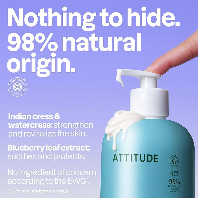 ATTITUDE Body Lotion, EWG Verified Moisturizer, Vegan Skin Care Products, Non-Greasy, Hydrating for Dry Skin, Cruelty Free, Extra Gentle, Unscented, 16 Fl Oz