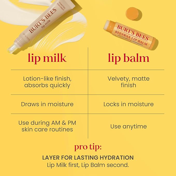 Burt’s Bees Lip Milk, Daily Lip Moisturizer, Toasted Coconut, Vitamin Enriched Moisturizing Lip Balm with Almond Milk and Jojoba Oil, Hydrating for Softer Lips, 1 Tube, 0.34 Fl Oz