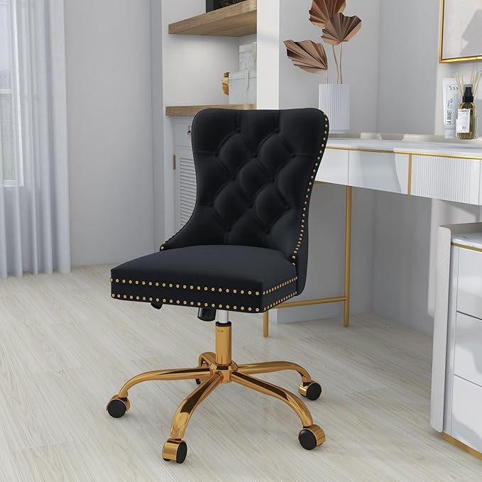Velvet Desk Chair with Wheels, Gold Office Chair Armless Swivel Chair with Tufted High Back Rivet Trim, Comfy Upholstered Ergonomic Computer Chair for Bedroom, Black