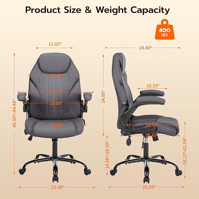 Office Desk Chair, Ergonomic Computer Chair with Padded Flip-Up Arms and Adjustable Lumbar Support, PU Leather Executive Chair with Tilt Lock and 360° Swivel Rolling Wheels for Work, Study