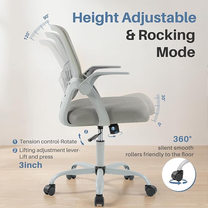 DUMOS Home Office Computer Chair - Ergonomic Mid Back Desk with Lumbar Support and Rocking Mode, Height Adjustable with Flip-up Armrest, for Conference Meeting Room, 360° Swivel, Adults, Grey