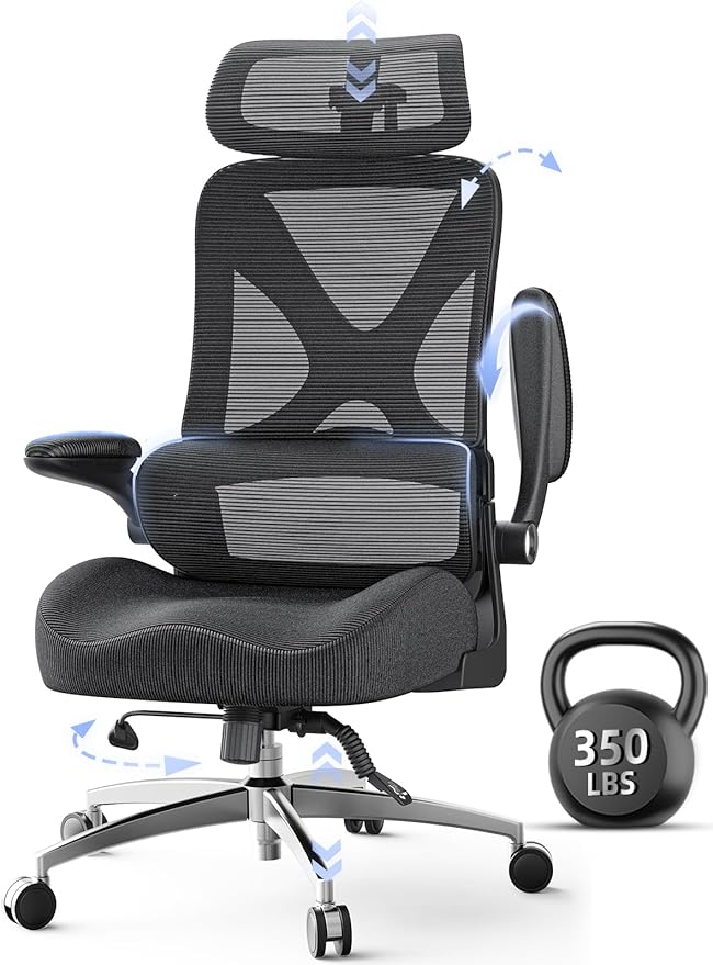 Ergonomic Office Chair with Headrest, Lumbar Support, Flip-Up Armrests, Thick Memory Foam Seat - 350lbs Capacity, Adjustable Height for Big & Tall, Perfect for Home Office Studios