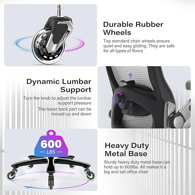 Big and Tall Office Chair 600lbs with 3D Flip Arms, Heavy Duty Large Executive Computer Desk Chair Ergonomic Mesh High Back Plus Size Chair for Adults