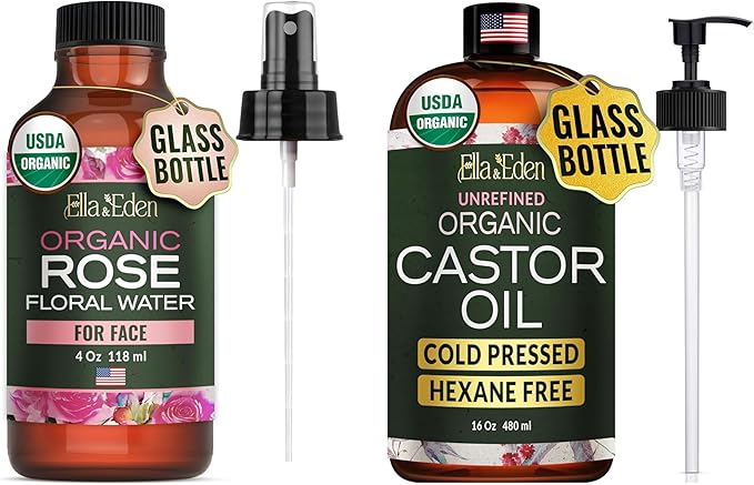 Ella & Eden Organic Rose Water Spray for Face 4oz & Organic Castor Oil for Hair & Skin 16oz | Cold-Pressed, Unrefined, USDA Certified, 100% Pure, Hexane-Free