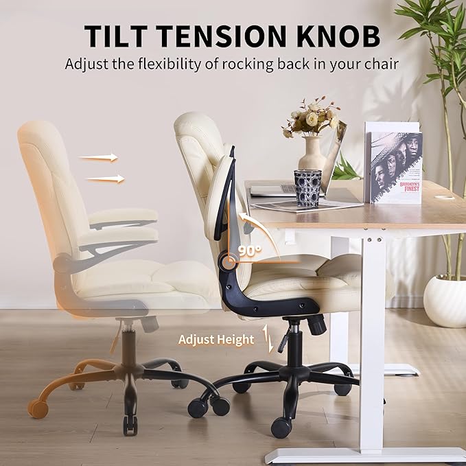 Home Office Ergonomic Desk Chair - Comfy Leather Executive Chair with Flip-Up Armrests, Lumbar Support, 360° Swivel & Rocking (Beige)