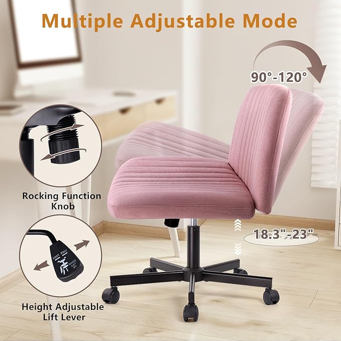 Criss Cross Chair, Fabric Armless Cross Legged Home Office Chair for Vanity, Wide Seat Swivel Criss Cross Desk Chair, Height Adjustable Vanity Chair with Wheels and Back, Pink