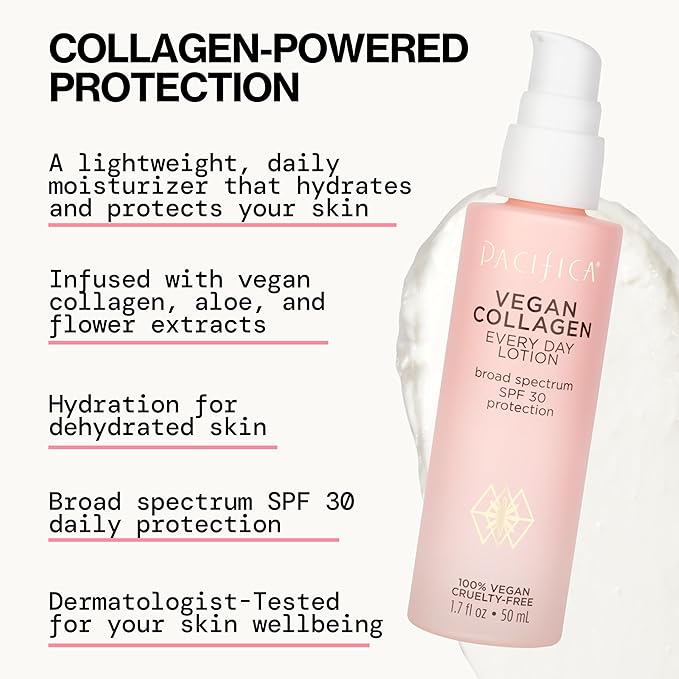 Pacifica Beauty Vegan Collagen SPF 30 Broad Spectrum Sunscreen Every Day Face Lotion,UVA/UVB Protection for All Skin Types,Lightweight,Moisturizing & Hydrating,Cruelty Free,White,1.7 Fl Oz,(Pack of 2)