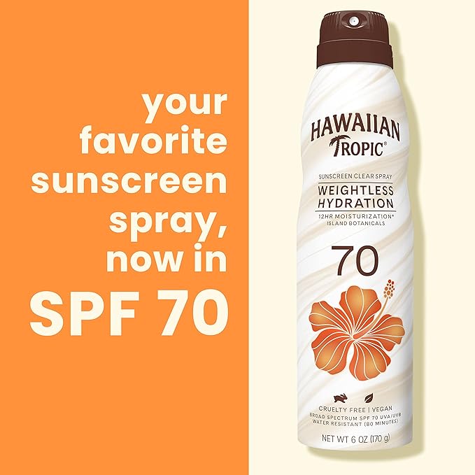 Hawaiian Tropic Sunscreen Spray SPF 70 | Weightless Hydration | Clear Spray | Oxybenzone Free | 6oz